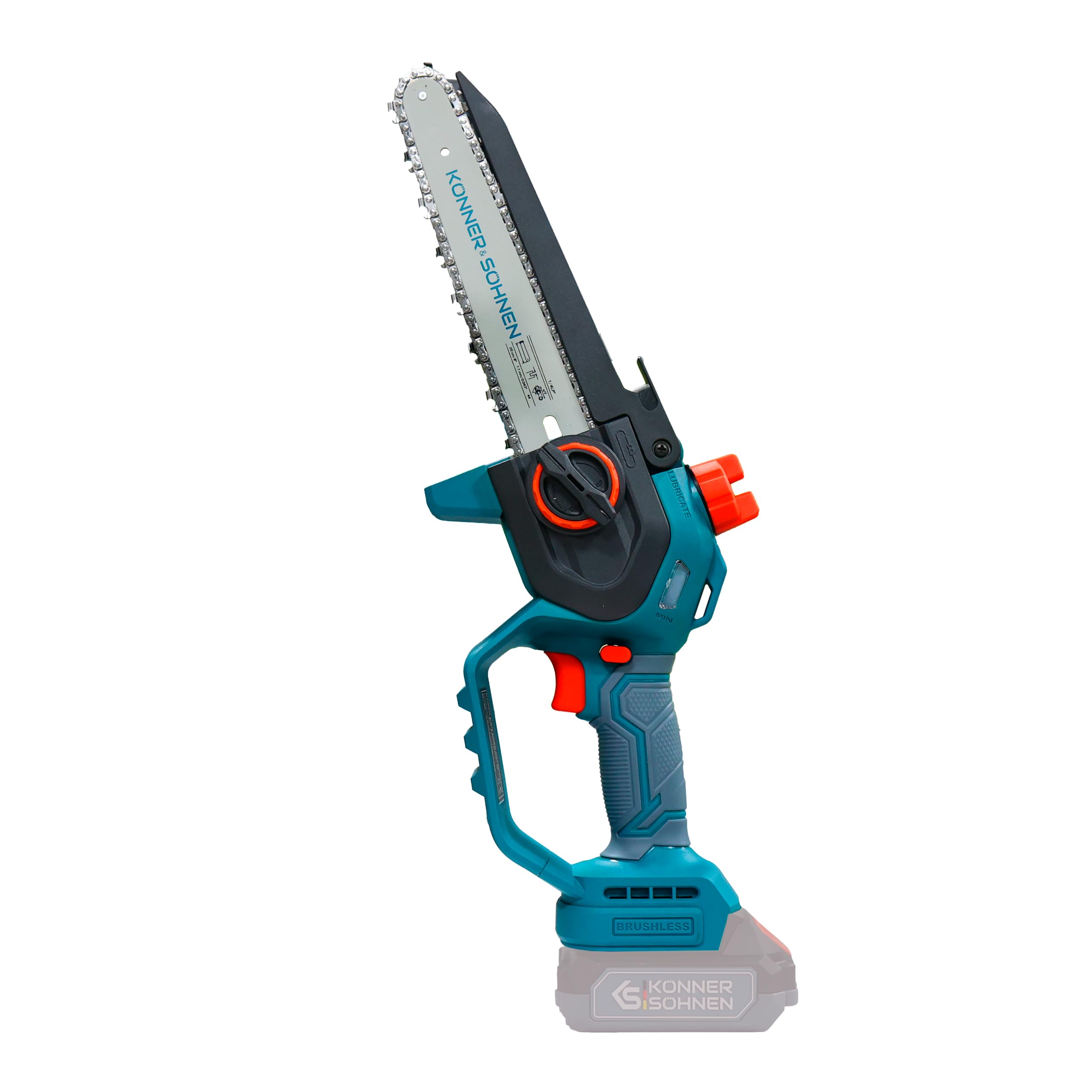 K&S Könner&Söhnen KS MCS20V-8 - Minimotosierra con batería de 8 ″ espada y 8 m/s, velocidad de la cadena, motosierra eléctrica manual con lubricación automática de cadena, sierra con batería de una