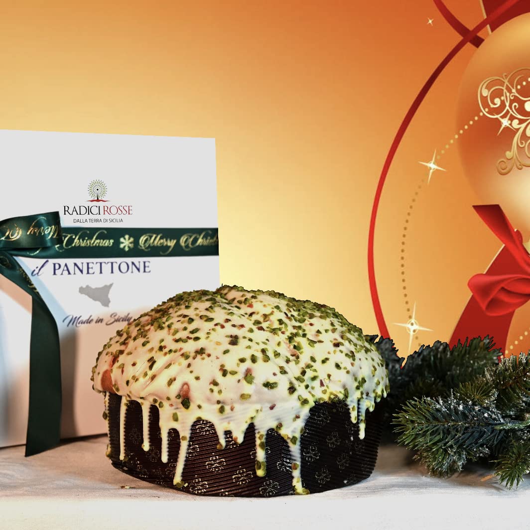 Panettone à la pistache glacée chocolat blanc et grain de pistache avec pot de crème de pistache, poids total 1 kg