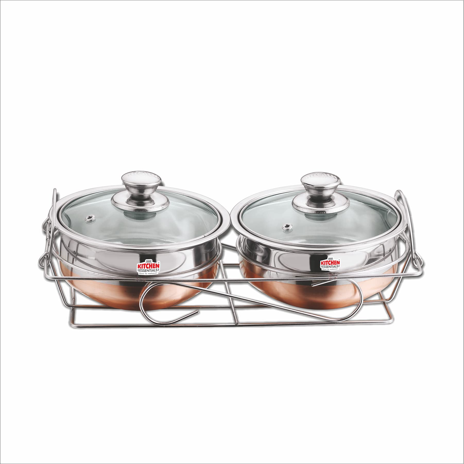 Kitchen Essentials-2 Pcs Copper Bottom Cook and Serve Set (14cm+14 cm) with Glass Lid+Serving Stand - KE-FG001482
