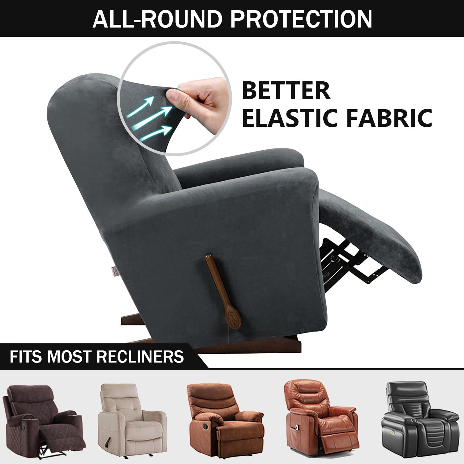 Pack de 4 Fundas de sillón Relax Extensible Terciopelo Suave, Antideslizante con Bolsillos para Brazos salón,Gris Oscuro