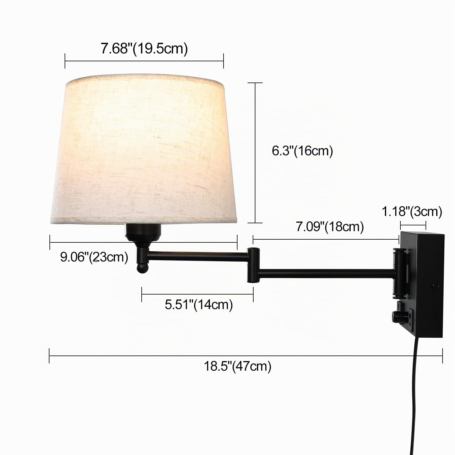 Schwenkbare Wandlampe mit Stoffschirm, USB-A & USB-C Ladeanschlüssen, integrierter Steckdose, Drehdimmer, Plug-in Wandleseleuchte verstellbar fürs Bett Schlafzimmer Hotel