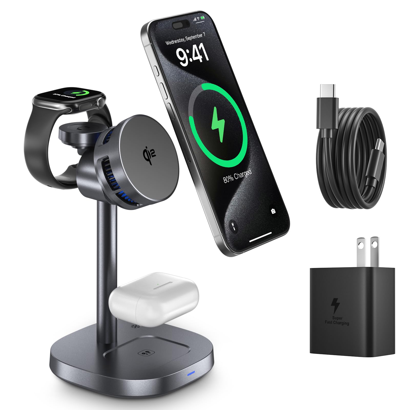 Stazione di ricarica wireless magnetica 3 in 1 con ventola di raffreddamento, caricabatterie rapido Qi2 da 15 W, supporto per caricabatterie wireless compatibile con iPhone 16/15/14/13/12