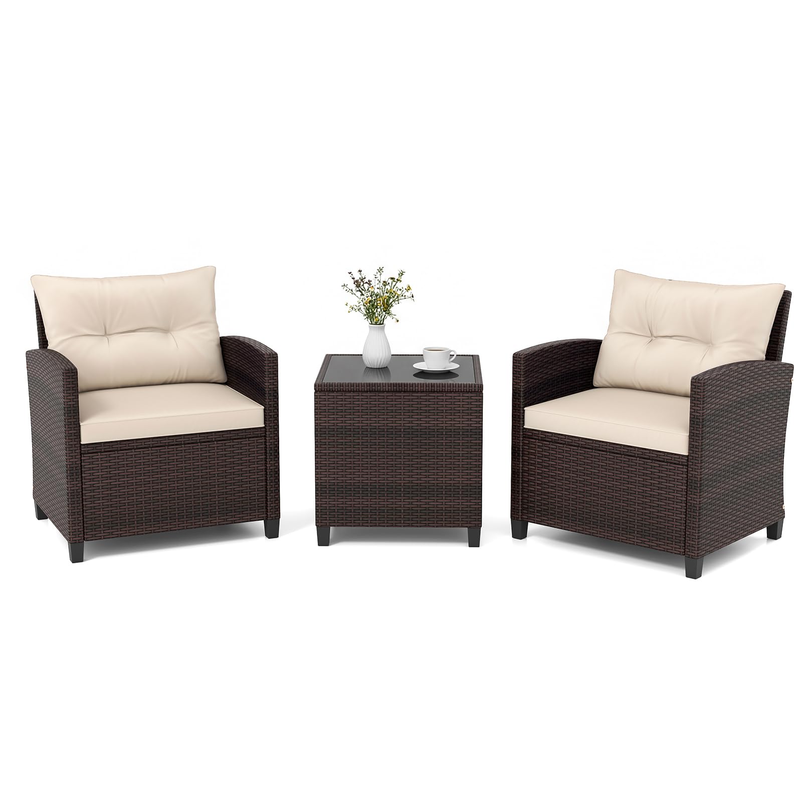 GIANTEX Rattan Gartenmöbel Set, Balkonmöbel Kleiner Balkon, Lounge Gartenmöbel Set, Balkon Möbel für 2 Personen, Gartenlounge Set 2 Sessel & Tisch, 3 tlg. Gartensitzgruppe inkl. Sitz- und Rückenkissen