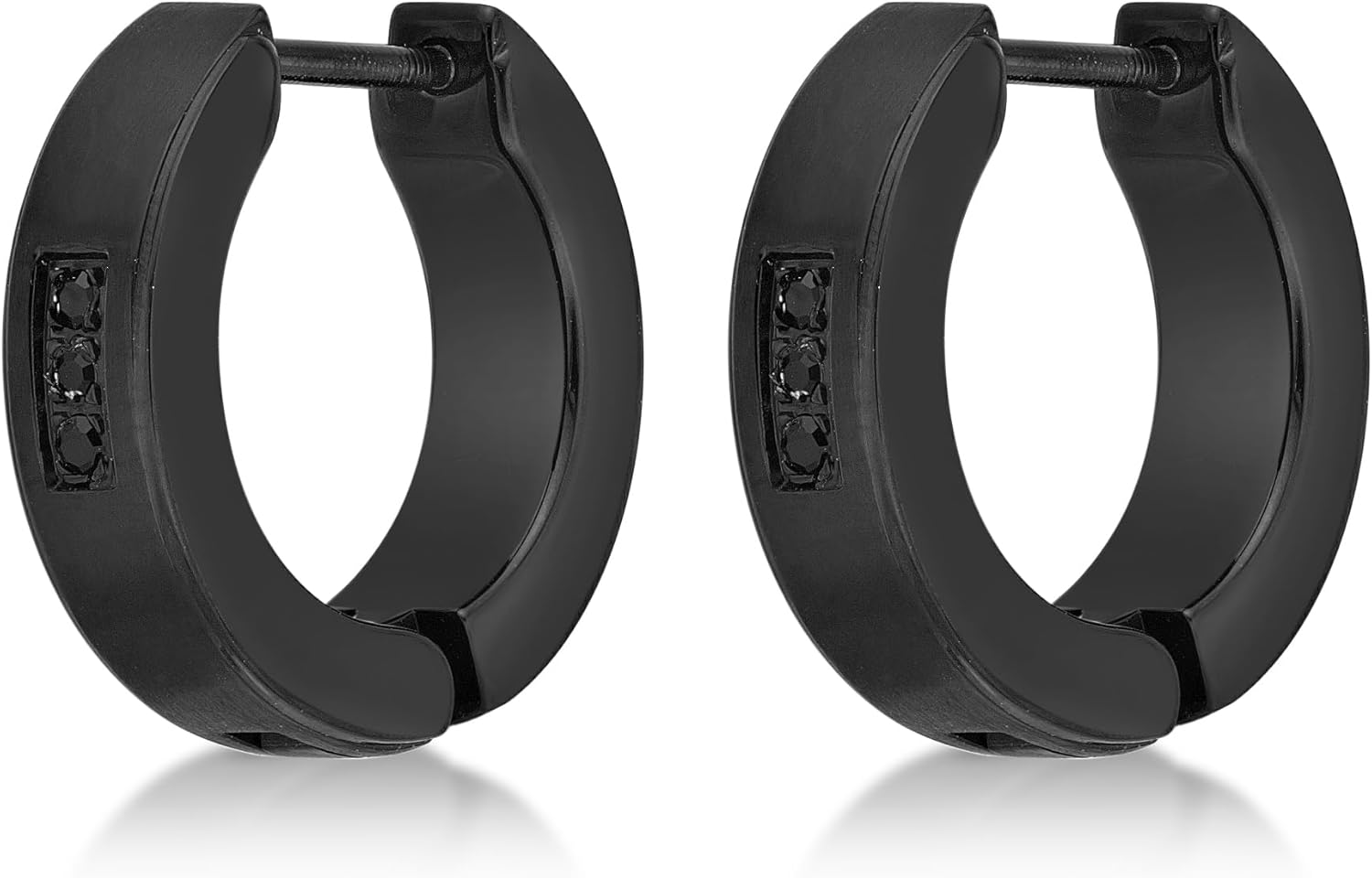 Black Cubic Zirconia Hoop Earrings for Men in Black Ion Plated Stainless Steel with Line Accent Inlay by Metro Jewelry