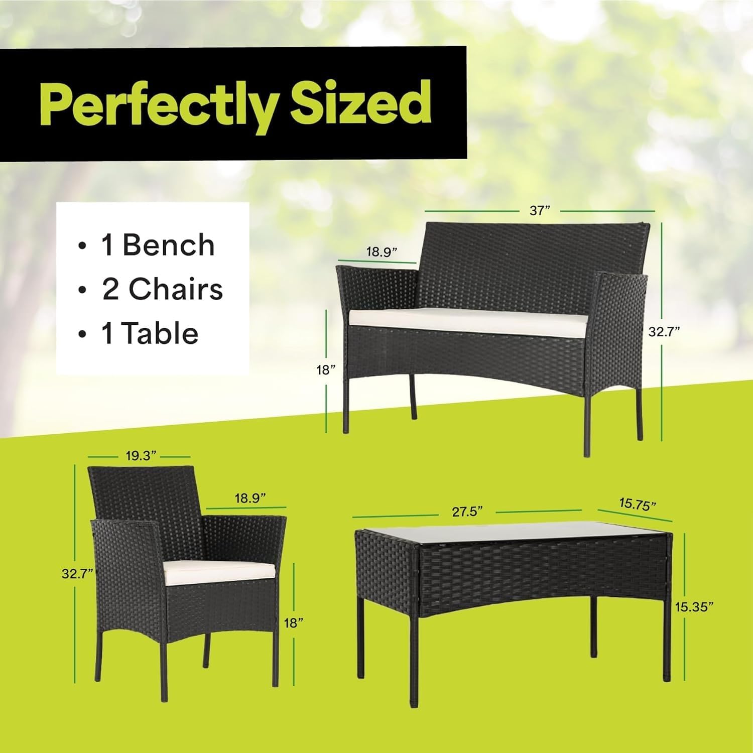 4-Piece Outdoor Patio Furniture Set with 2 Rattan Chairs 1 Loveseat 1 Glass Top Coffee Table Weather-Proof Wicker Cushions Conversation Set for Porch Balcony Lawn