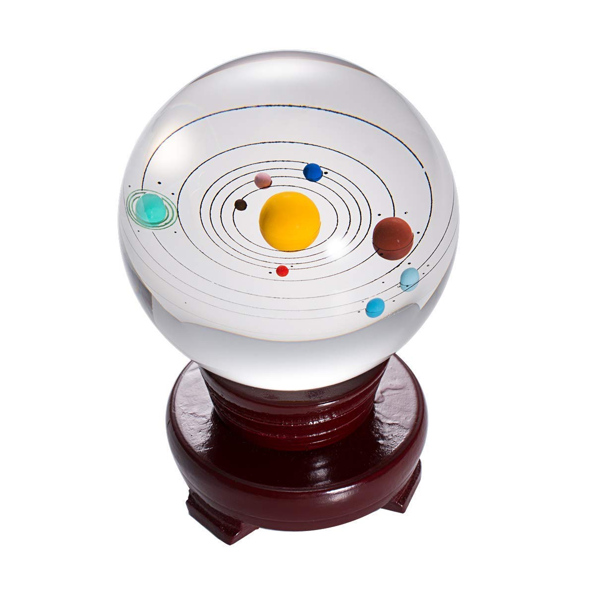 LONGWIN 3D-Solarsystem-Kristallkugel Quantz-Kugel für Heimdekoration, Geschenk, mit Ständer (Holz)