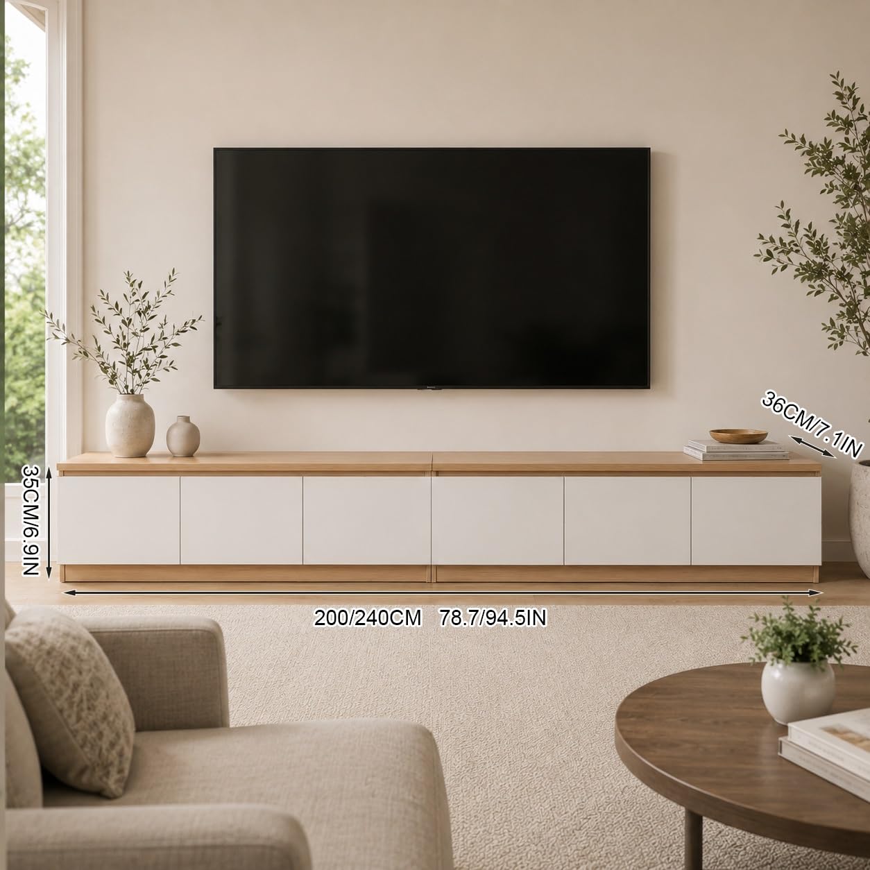 240CM Holz Lowboard für Wohnzimmer - Wasserfest und Fleckenresistent