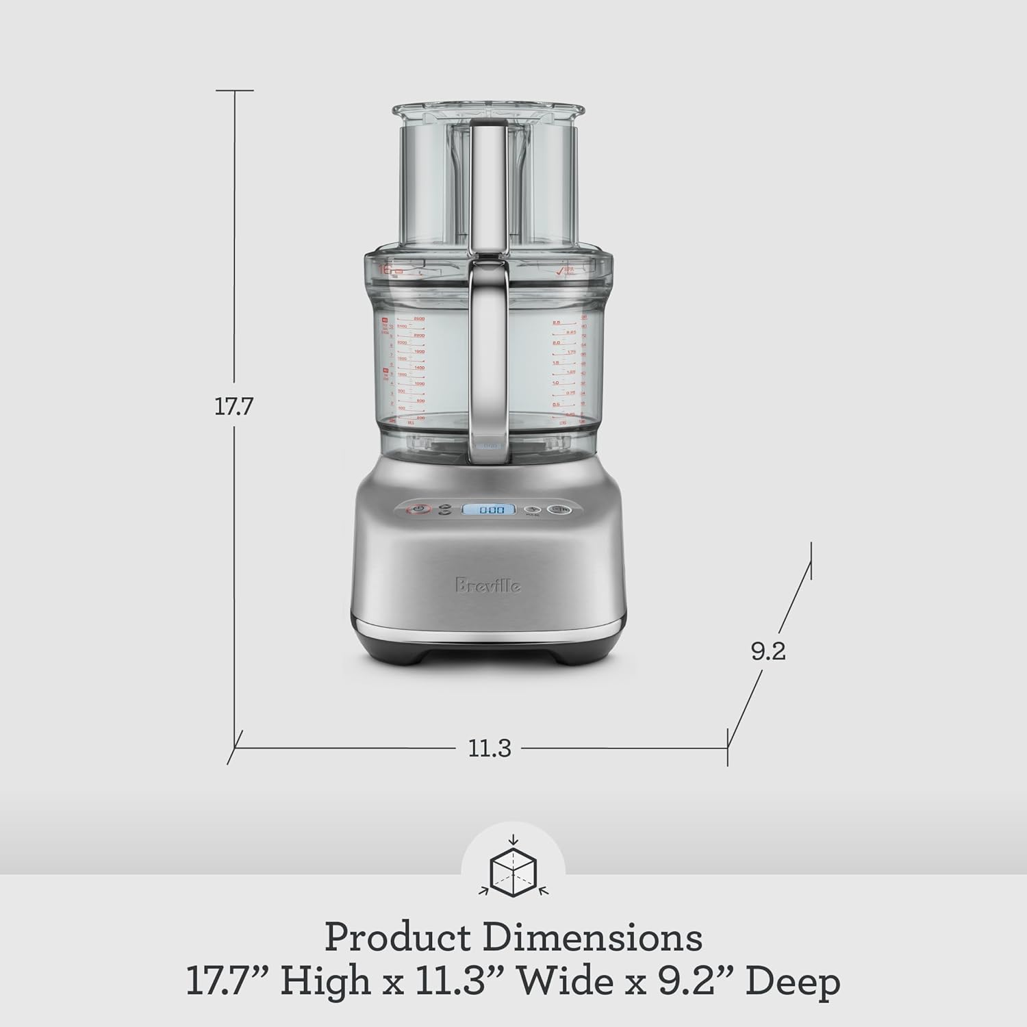 Breville Sous Chef 16 Food Processor with dimensions labeled: 17.7 inches high, 11.3 inches wide, 9.2 inches deep.