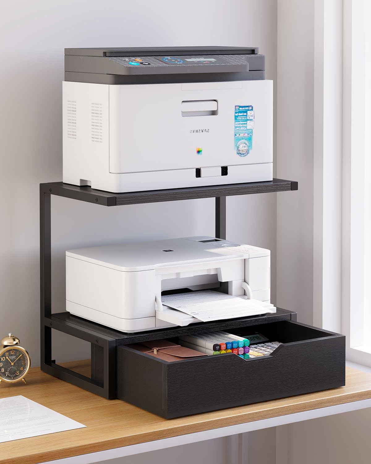 IBUYKE 2 Tier Desktop Printer Stand,Multi-Purpose Desk Organizer,Printer Table with Storage Shelf for Folders,Books,for Fax Machine, Scanner,Home Office,Black TLJ015B