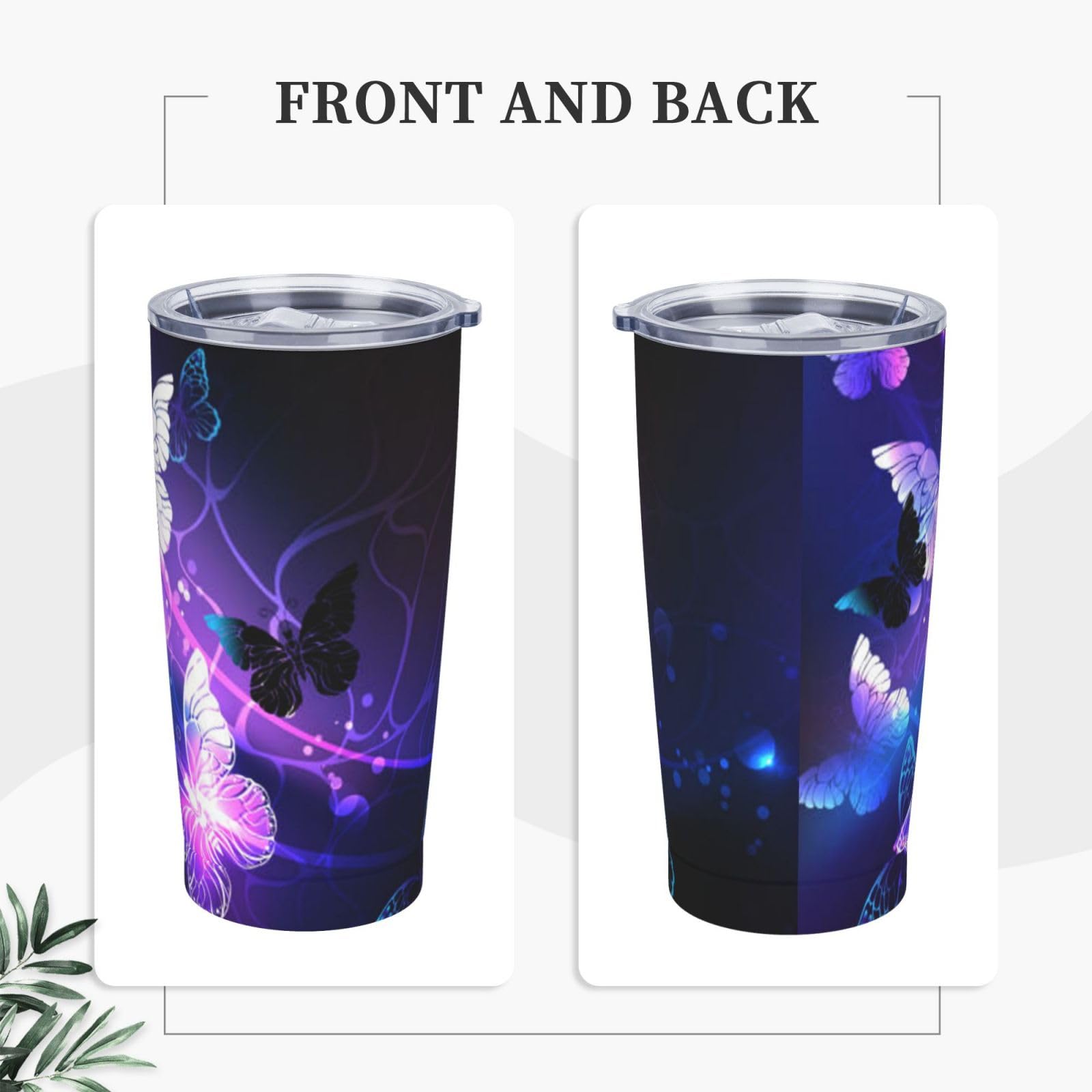 Tazza termica portatile con farfalle bianche e viola stampate in acciaio inossidabile