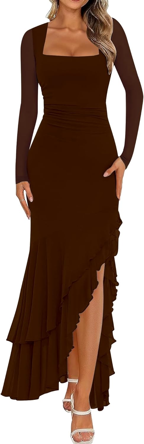 BORIFLORS Women's Bodycon Ruched Mesh Long Sleeve Maxi Dress Mermaid Ruffle Formal Cocktail Party Long Dresses