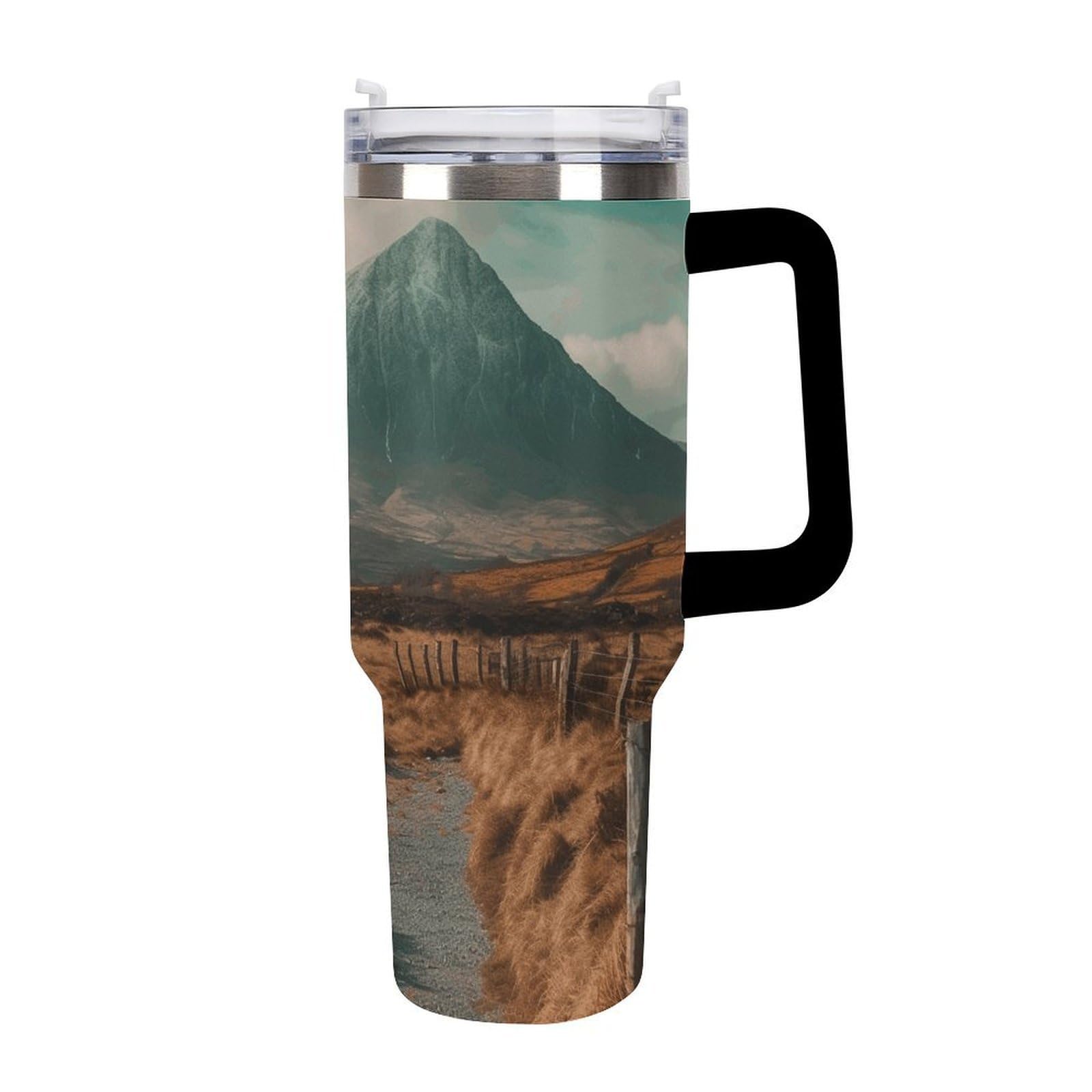 Tazas de ríos y montañas con popote y asa, taza de café con aislamiento al vacío de doble pared, botellas de agua para café helado, té, bebidas frías y calientes