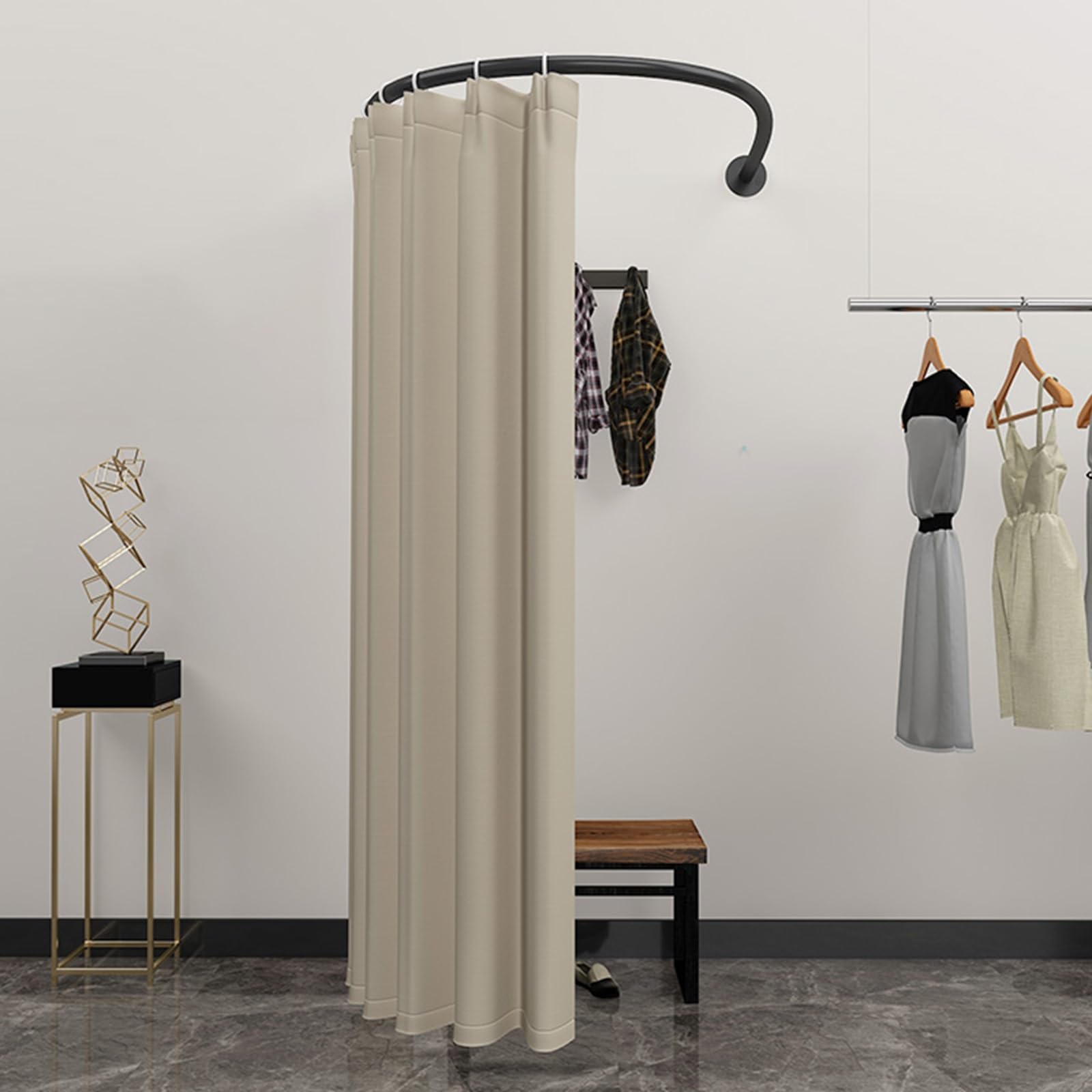 Cabine d'essayage en U pour magasin de vêtements avec rideau beige amovible et tringle noire