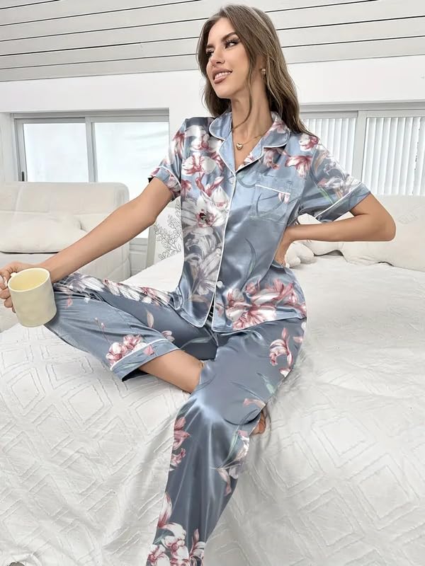 Image of Night Suit for Women with Full Sleeve Button-Down Top with Pant Dress for Woman, Cotton Night Dress for Woman, Two-Piece Loungewear Set