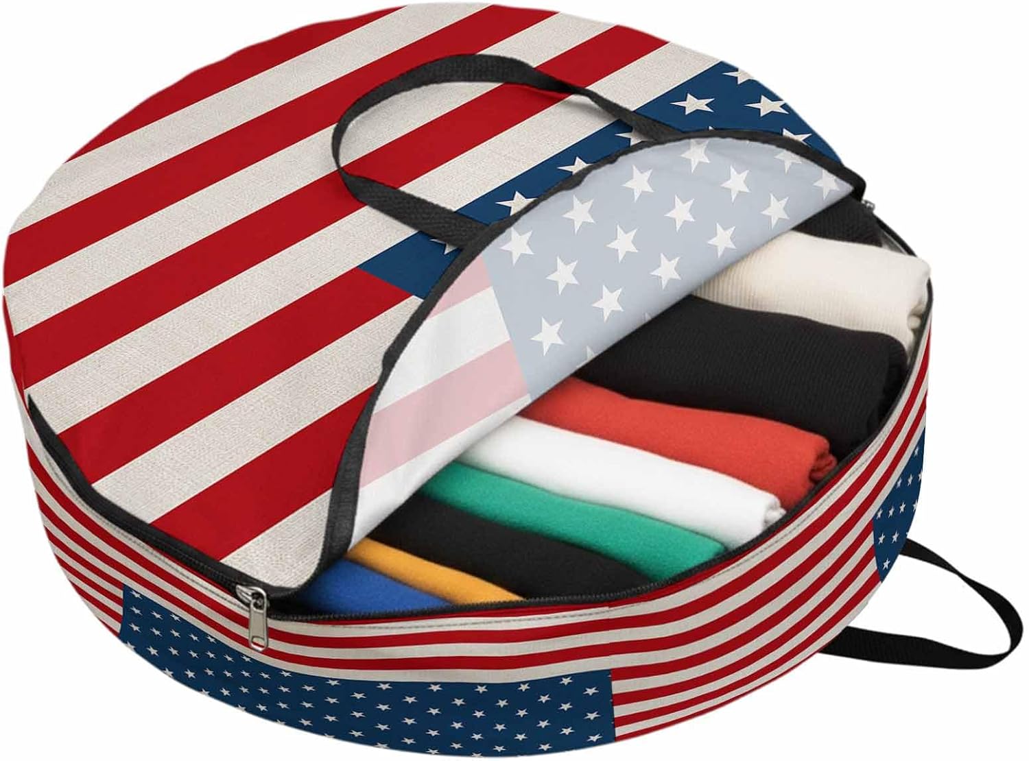 American Flag Round Storage Bag 36 Inch, Independence Day Stars Stripes Linen Style Background Clothes Storage Container with Handles Heavy Duty Organizer for Comforter, Bedding & Holiday Wreaths