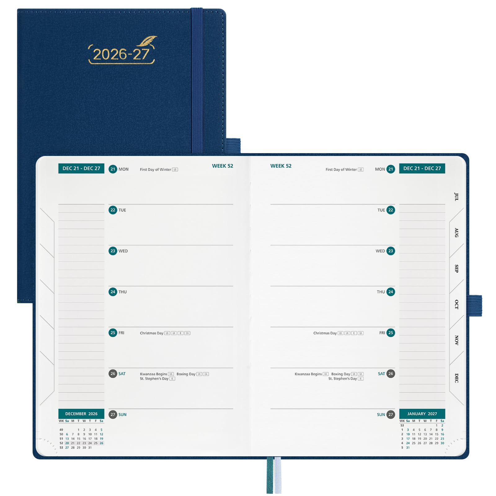 BEZEND Planner 2026 2027 settimanale e mensile (15,2 x 21,6 cm) 2 colonne incrociate pagina per doppio orario/persona (26 luglio-27 dicembre), calendario accademico con linguette, carta spessa