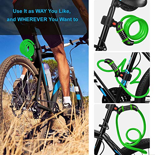 Vltawa Bike Lock With Mounting Bracket, 4 Ft Bike Lock Cable, 1/2 In Diameter High Security Bicycle Lock, 5 Digit Resettable Bike Locks With Combinations (Lightweight, 1.2Mx12Mm) (Green) #TOP5