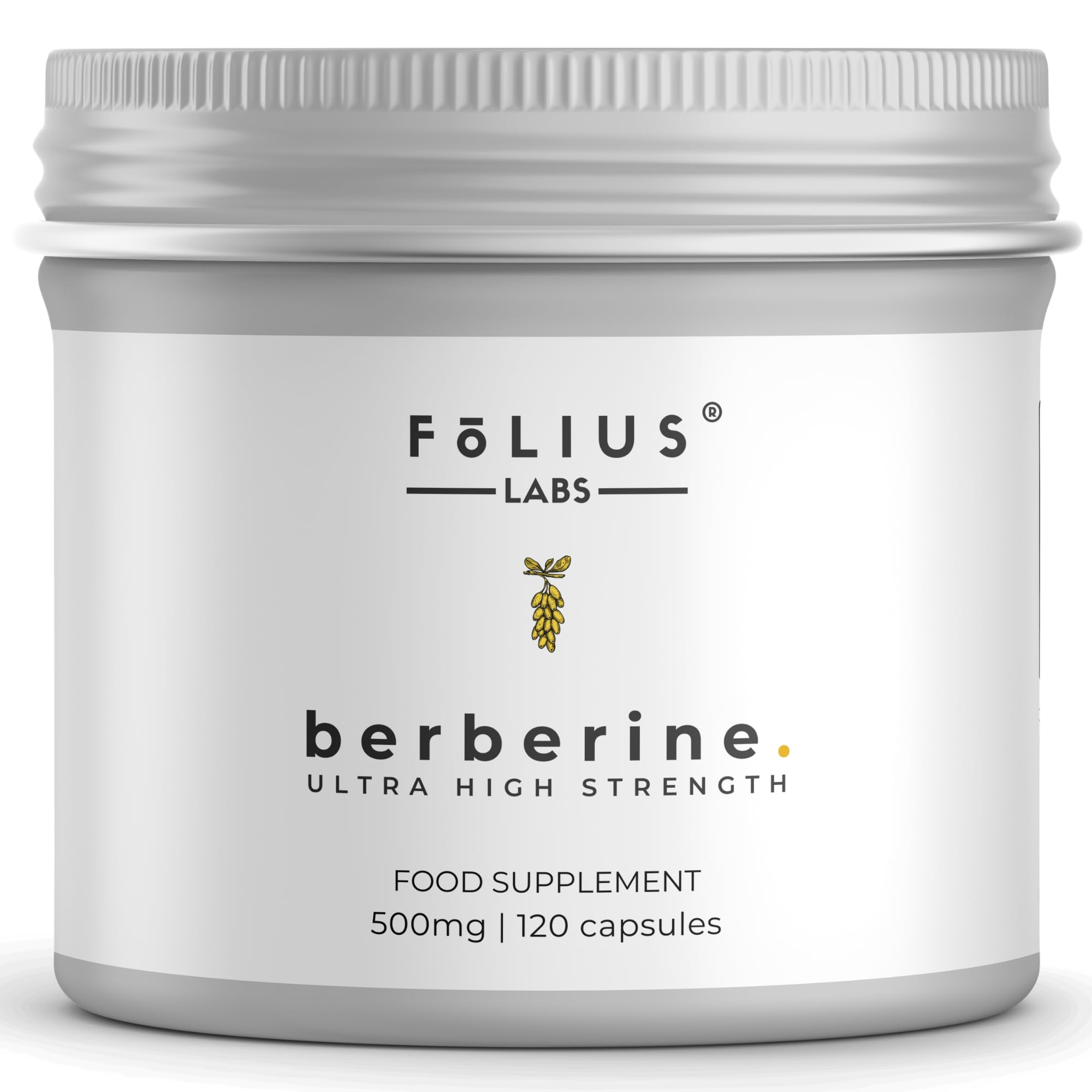 FOLIUS LABS Clean Label Berberine HCl 97% Supplement 500mg | Clinically Studied, Ultra High Strength Pure, Support Blood Sugar & Lower Cholesterol, PCOS Supplements, 120 Capsules