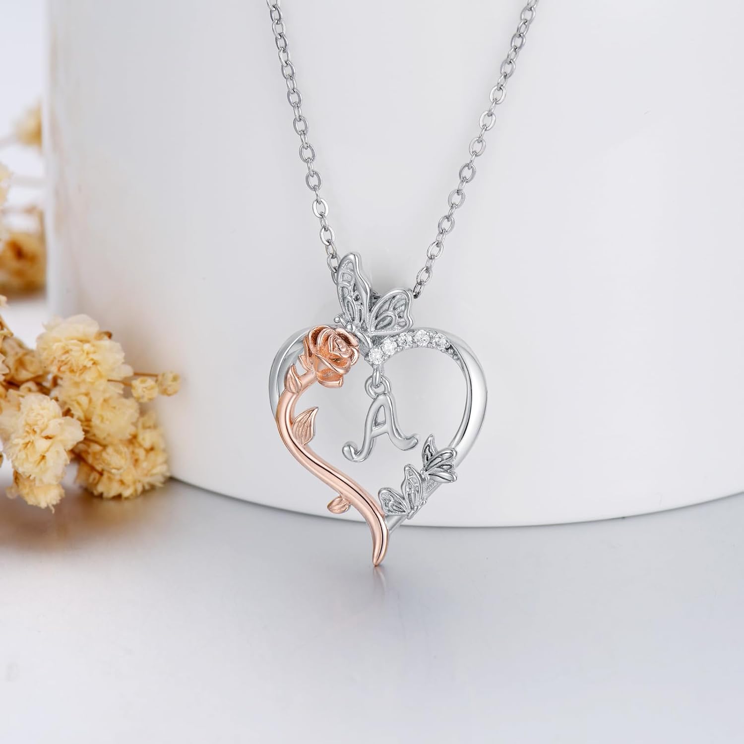 TOUPOP Valentines Day Gifts for Her 925 Sterling Silver Rose Heart Initial Necklace Butterfly Heart Jewelry Anniversary Birthday Gifts for Her Wife Girlfriend Mom - Image 5