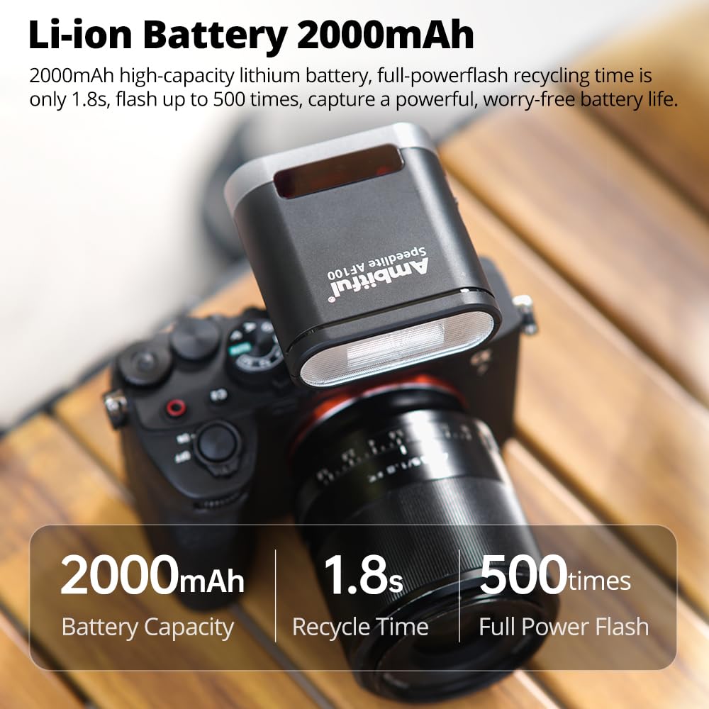 Ambitny Flash AF100 Mini Flash - lampa błyskowa GN12, 8 poziomów mocy, wbudowana bateria 2000 mAh, ręczna Speedlite kompatybilna z Canon/Sony/Ricoh GR3/Nikon/Fuji