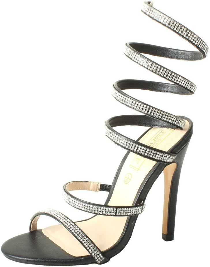 High End Womens Studded Strappy Leg Wrap Sandals High Heel Designer Diamante Shoes Court Stiletto Black Silver Gold