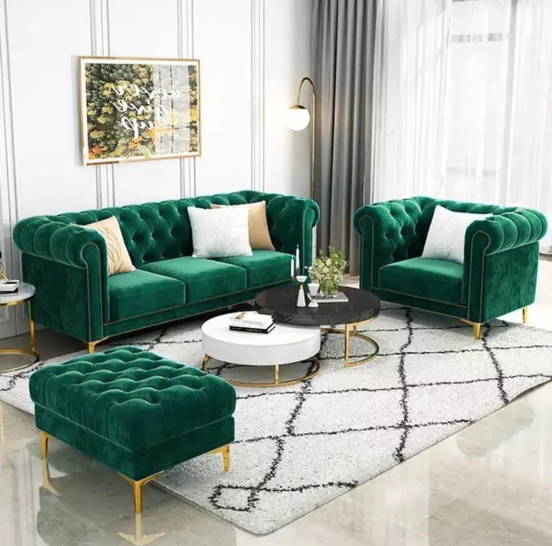 ANTIQUE WOOD ART Modern & Classic 4 Seater Fabric & Valvet Tufted 3+1+1 Footrest Chesterfield Sofa for Living Room, Dining Room and Office-(Green D).