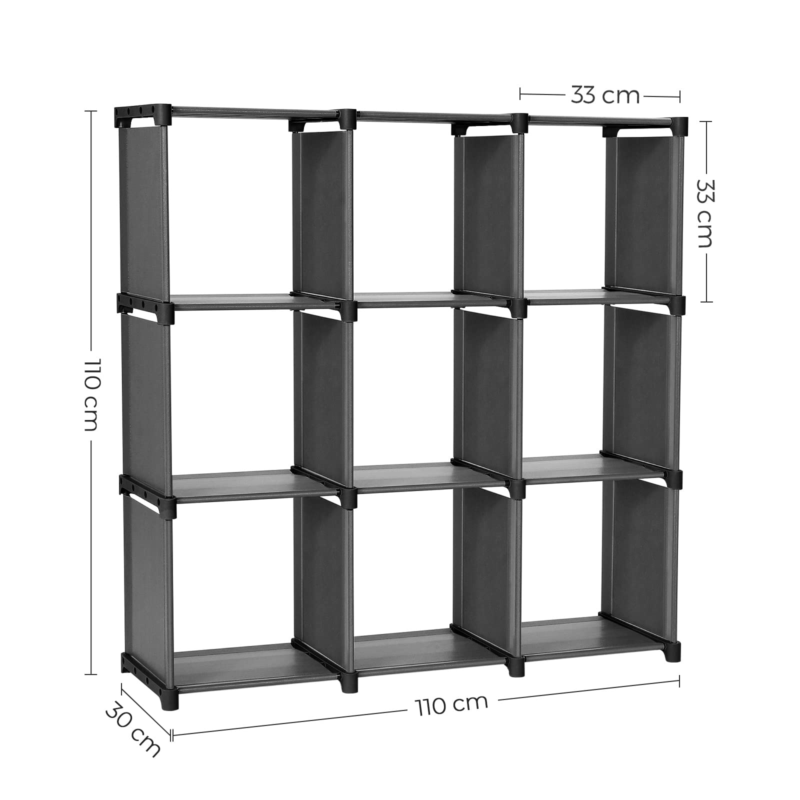 SONGMICS Aufbewahrungsregal mit 9 Fächern, offener Aufbewahrungsschrank, Bücherregal, Organizer für Wohnzimmer, Schwarz LSN45BK