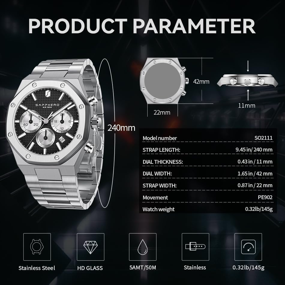 SAPPHERO Men's Chronograph Watches Analog Quartz Movement Stainless Steel Business Wrist Watches Fashion Luxury 50M Waterproof Mens Gifts - Image 5