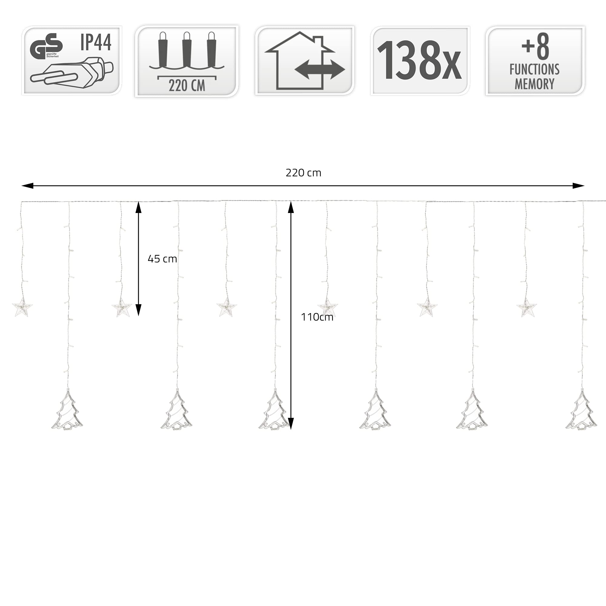 ECD Germany Kurtyna swietlna LED 220 cm ze 138 diodami LED cieply bialy, choinki i gwiazdy, 8 funkcji, dekoracja swiateczna okna do wewnatrz/na zewnatrz, lancuch swietlny swiateczny oswietlenie