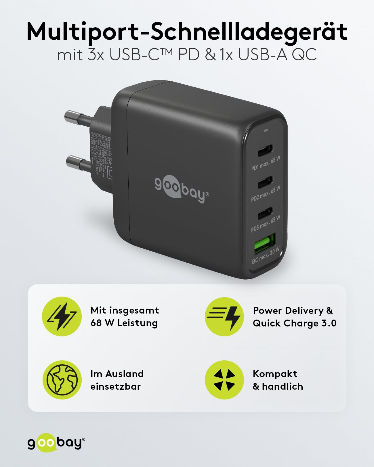 goobay 64819 USB-C PD 4-Fach Multiport Schnellladegerät (68W) / 1x USB-A 3X USB-C Eingang/Power Delivery/Netzteil für Ladekabel vom iPhone und Anderen Handys/Handy Ladegerät/schwarz