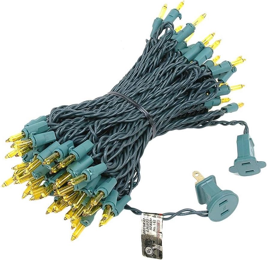 Novelty Lights 50 Feet 100 Bulbs Traditional Incandescent Mini Lights, Yellow on Green Wire with 6" Spacing, Commercial Grade and UL Listed for Indoor/Outdoor Use, End-to-End Connectable