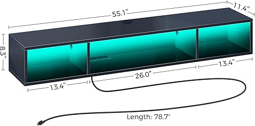 Miniatura 2 de Rolanstar Soporte de TV con Toma de Corriente, Soporte de TV Flotante con Luces RGB, Estante de TV de 55.1" Montado en Pared, Consola Multimedia