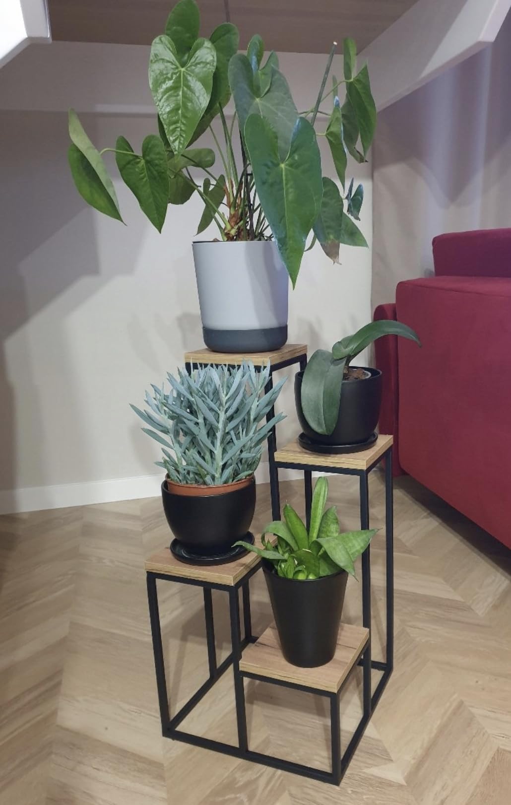 Stojak na rośliny Piccolo Slim - Kwietnik 4 poziomy - 34x34x67cm - kolor Czarny - do kwiatów w pomieszczeniach - metalowa półka - stolik dekoracyjny - stojak na kwiaty - do rogu pokoju