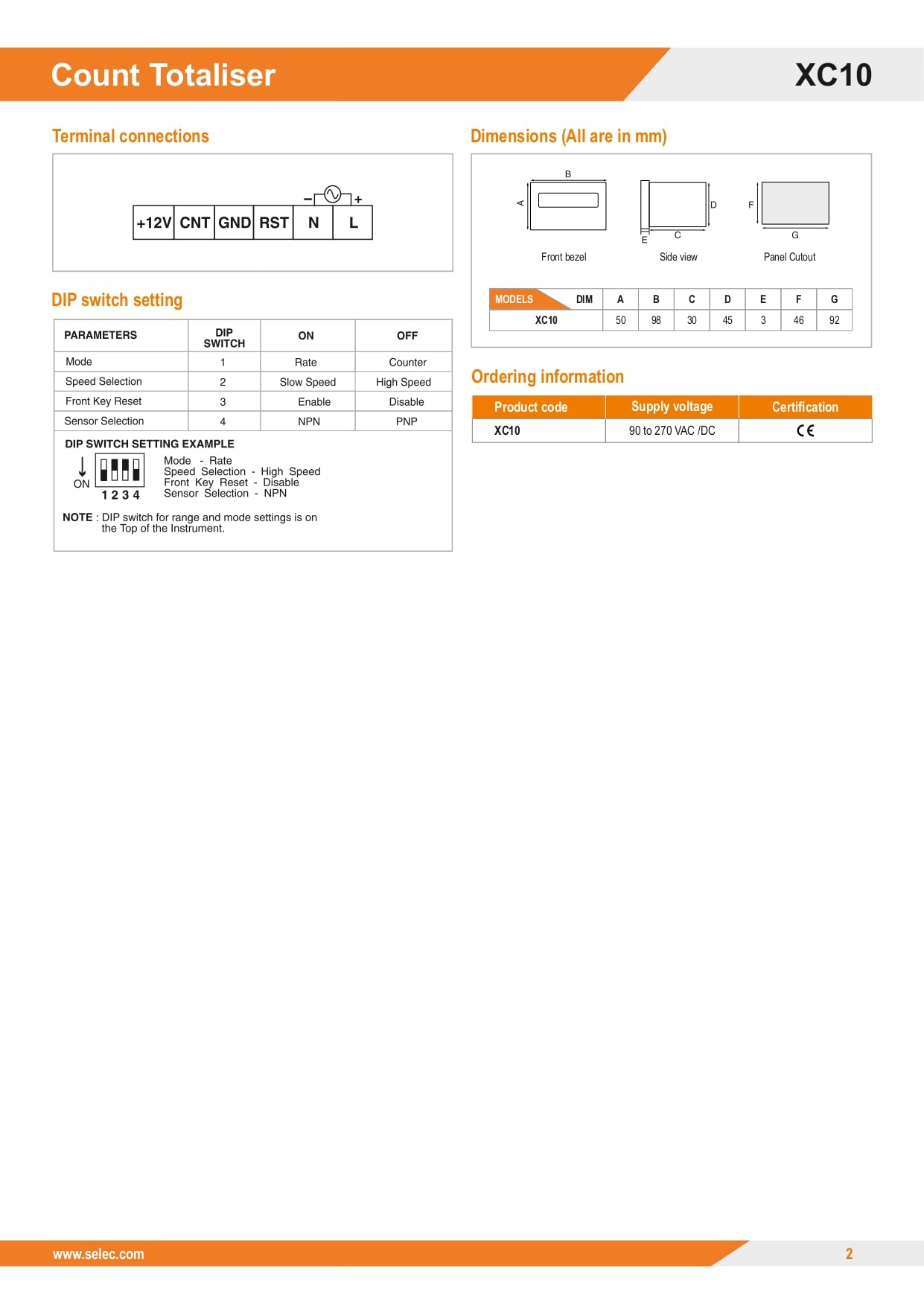Count Totaliser/Rate Indicator, 48X96 mm Selec XC10 (Low Depth in White Display)(Same As XC10D) 1