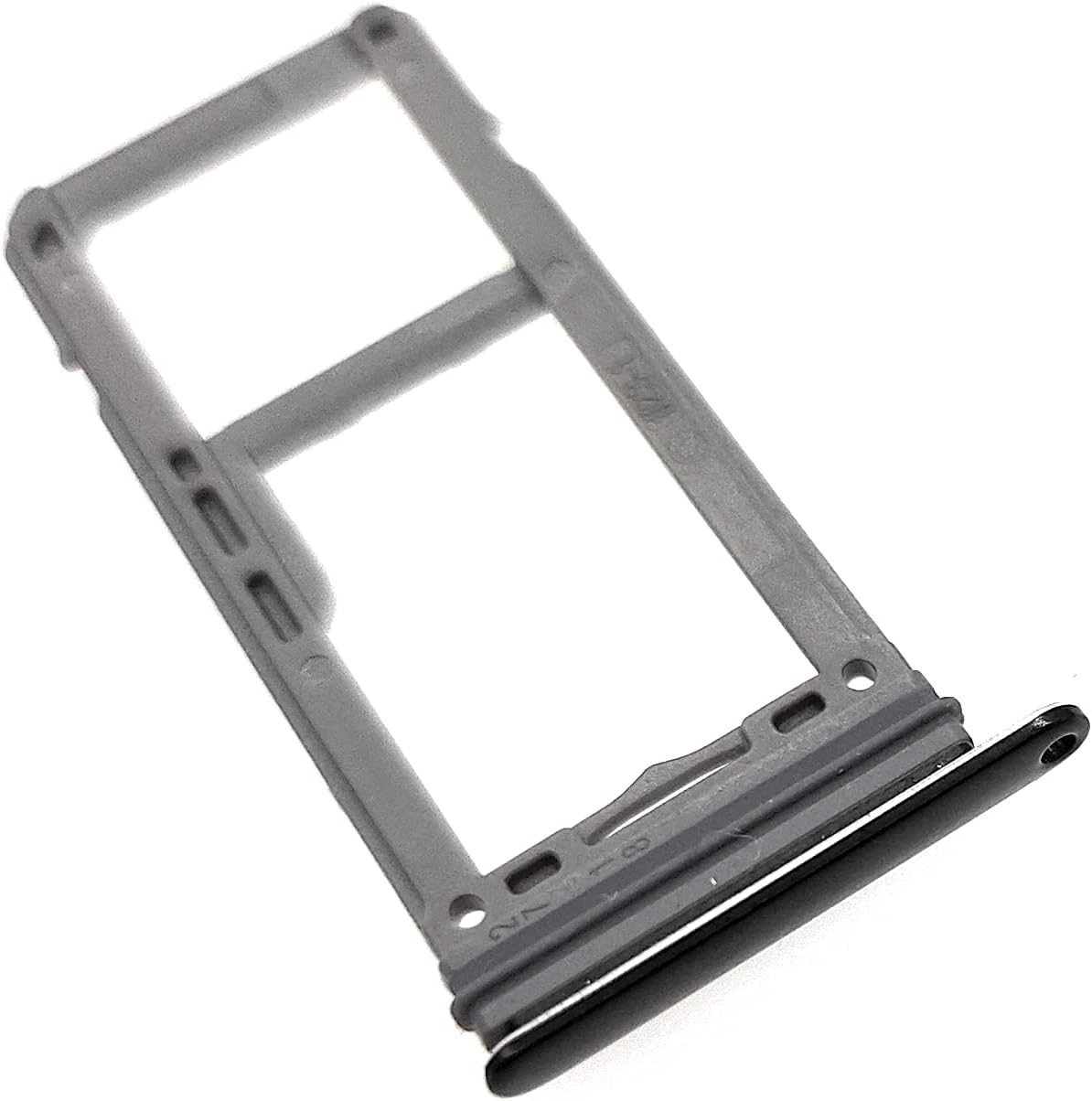 Another angled view of the black SIM and Micro SD card tray, showing the side profile.