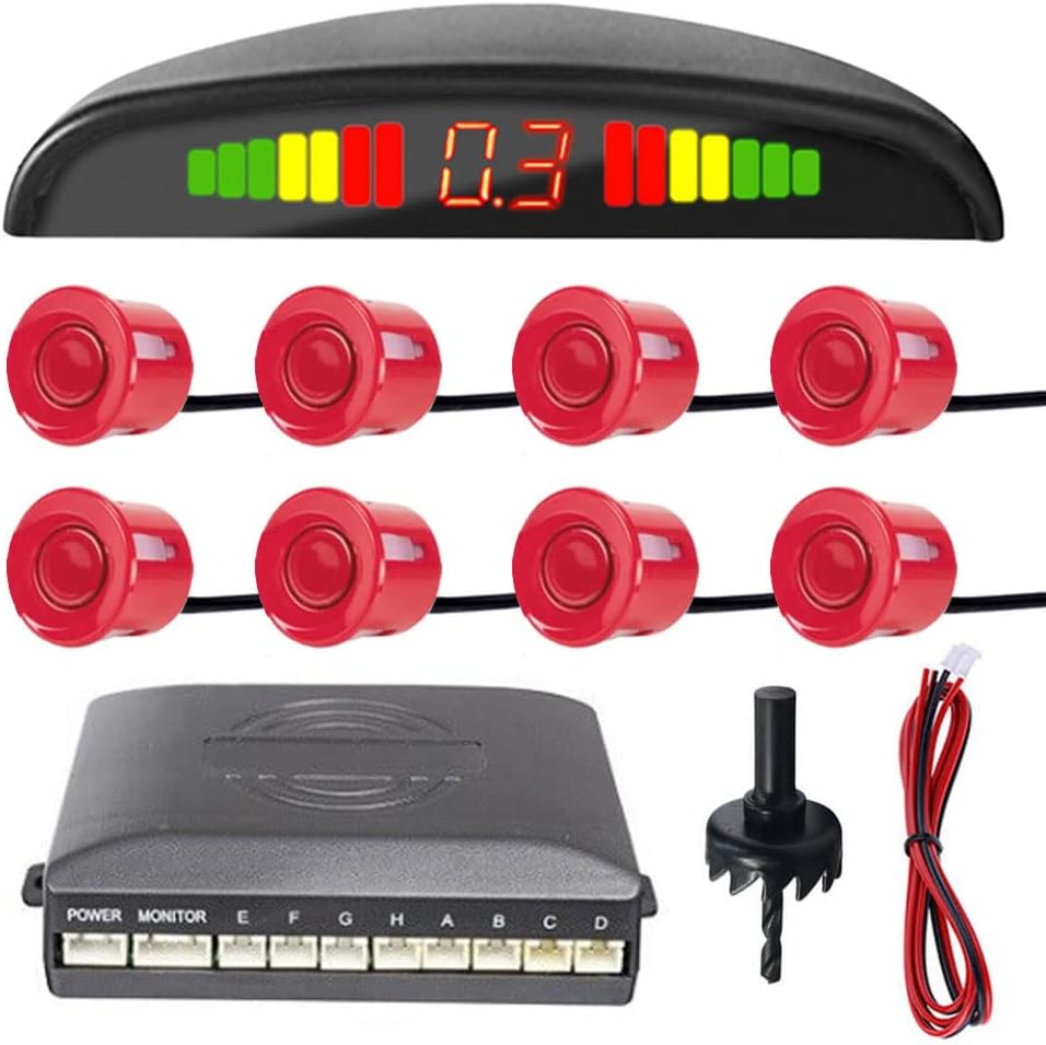 Car Reverse Parking Sensors Car Rear Reverse Parking Radar System Car Parking Sensor Kit 8 Sensor Auto Sound Alarm Alert Reverse Backup Radar Display Red