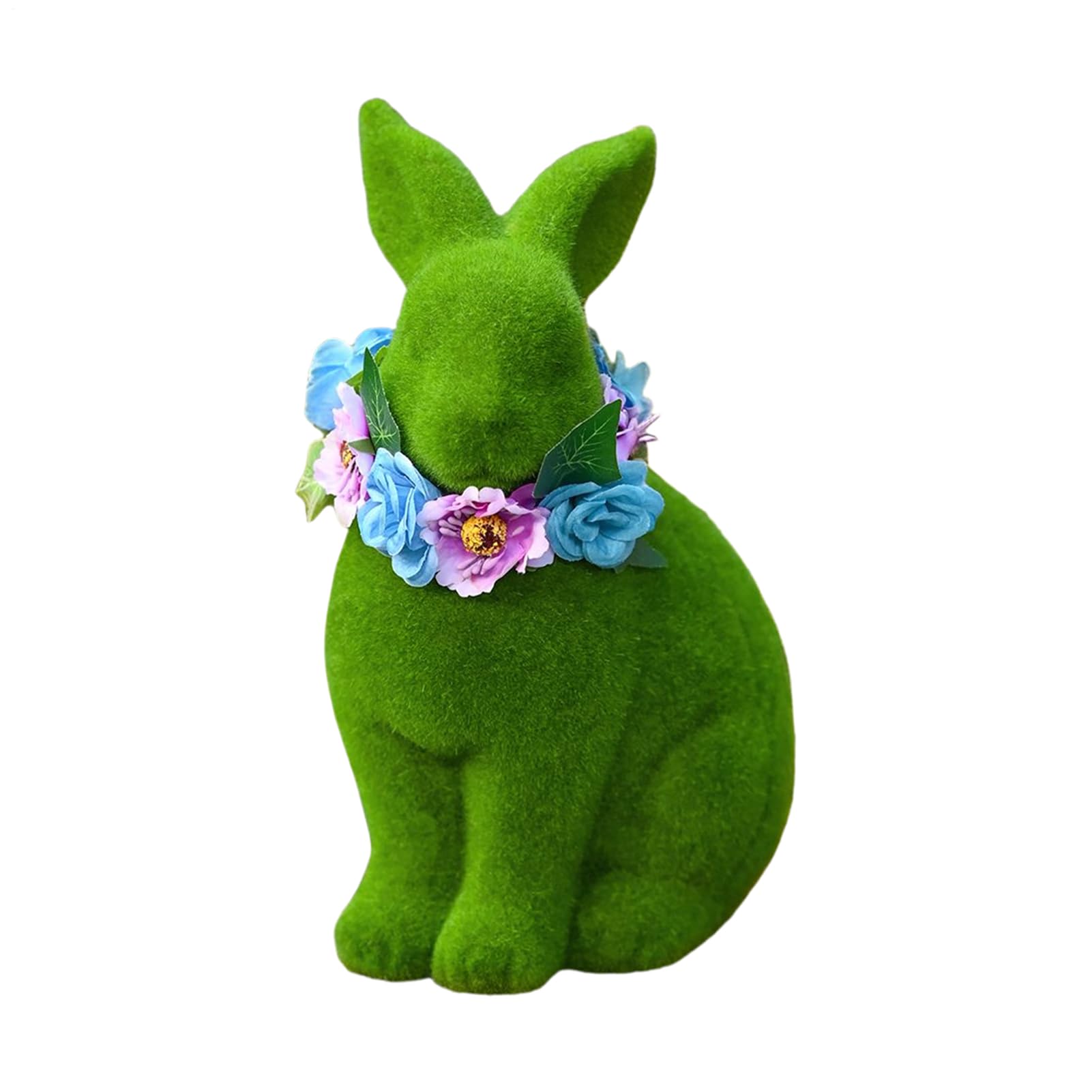 – Easter Bunny Statue - 10 Inch Resin 3D Flocked Bunny Figurine | Green Garden Decor with Floral Wreath for Yard, Porch, Door, Table, Office Desk, and Spring Party