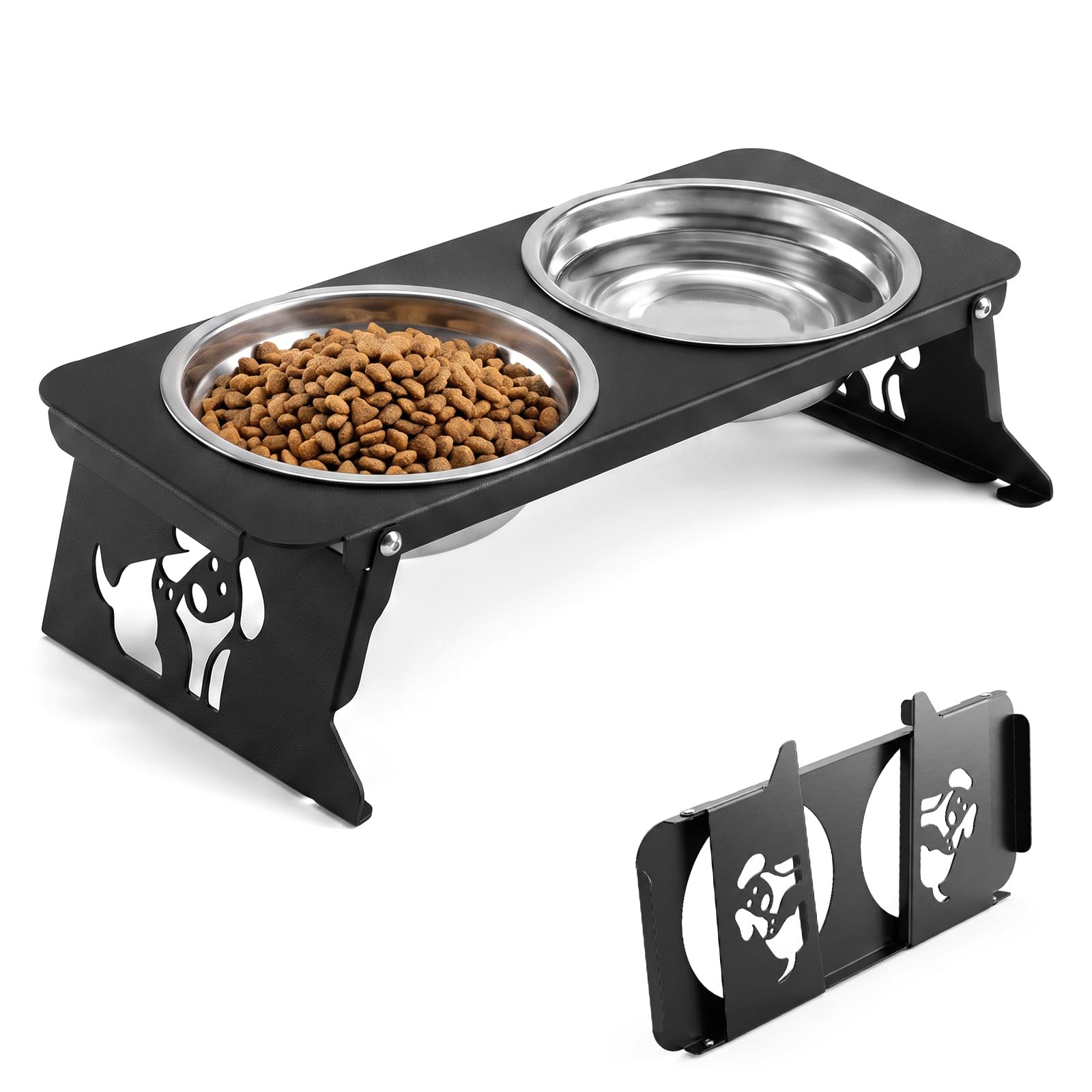 Katzennapf Erhöht - 2 Stück Klein Katzennäpfe Edelstahl mit Faltbar Metallständer Zervixschutz-Katzennapfs Katze Napf Hundenapf Erhöht Futternapf Wassernapf Set für Kleine Katzen, Schwarz