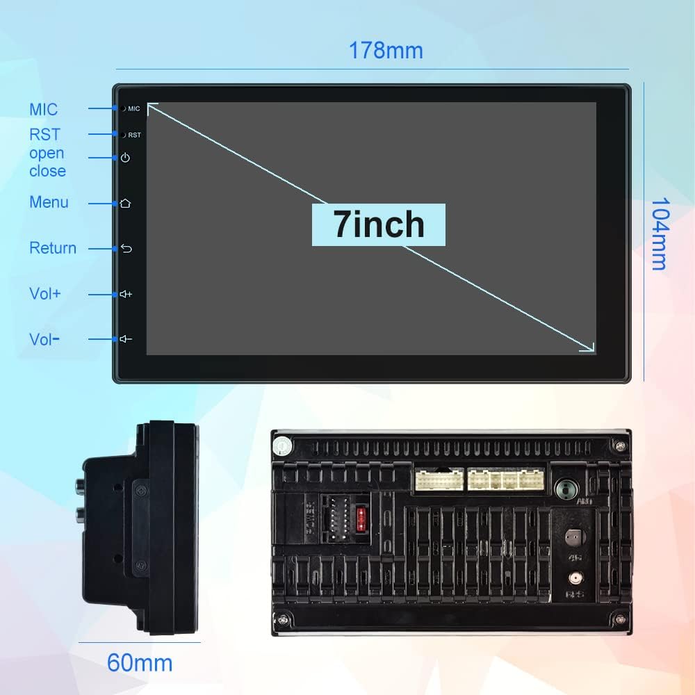 Diagram showing the dimensions of the Podofo Double Din Car Stereo unit, including width (178mm), height (104mm), and depth (60mm).