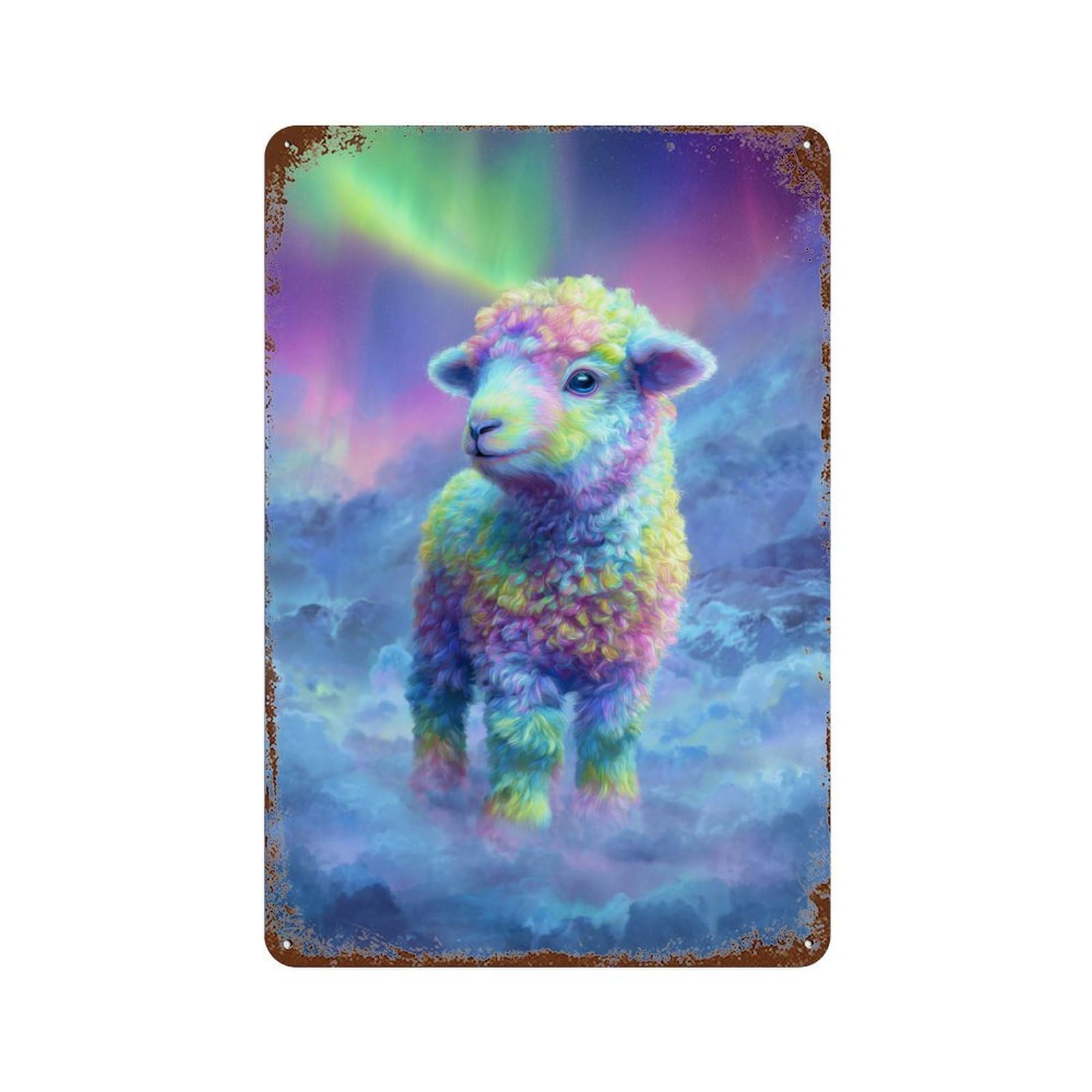 Rainbow Sheep in Clouds Rustic Tin Plaque 11.8"x7.9", Industrial Home Decor for Pub, Kitchen And Man Cave Decor