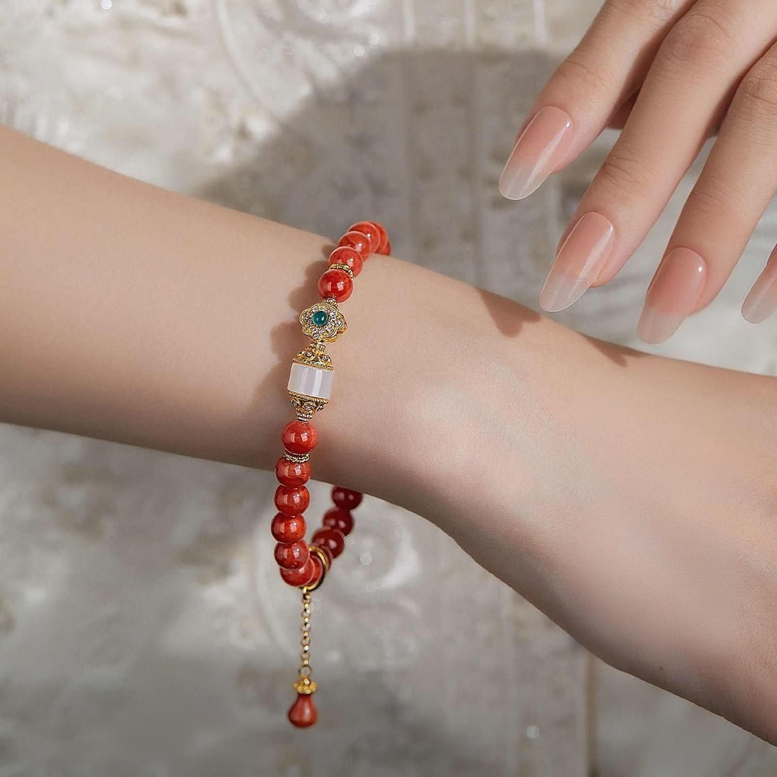 Pulsera de oro amarillo de 9 quilates, 14 quilates, 18 quilates, ágata y jade de 6 a 7 mm, pulsera de oro real de 14 quilates para mujer