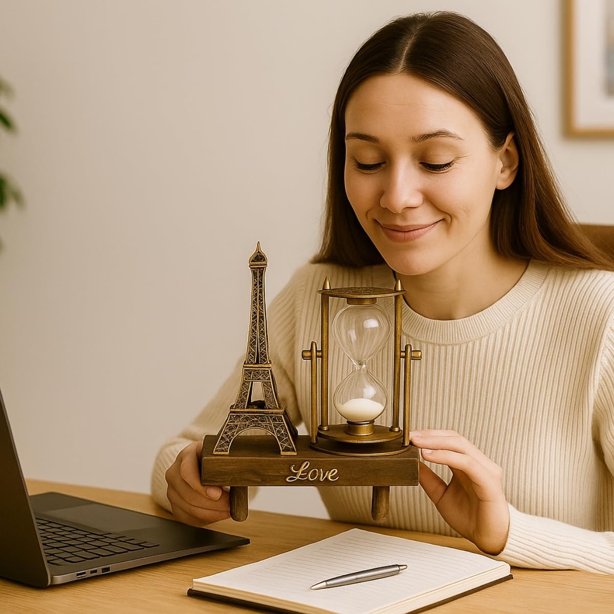 Kum Saati Dekoru – Ahşap Tabanlı Retro Masaüstü Aksesuar, Ev ve Ofis Süsü, Dekoratif Obje, Dönme Dolap - Eyfel Kulesi - Saat Kulesi - Deniz Feneri - Telefon Kulübesi Tasarımlı