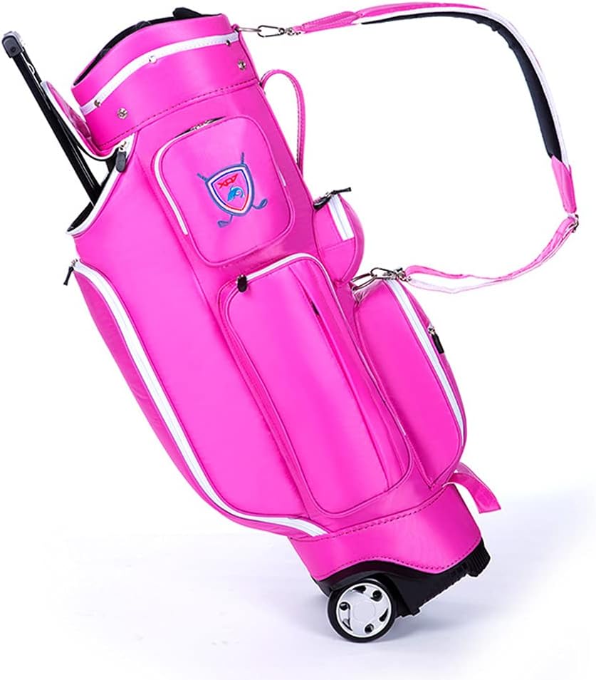 Golf Trolley Bag Carrying Bag with Wheels, Golf Cart Bag with Shoulder Strap, 5 Dividers/Umbrella Buckle, Pink