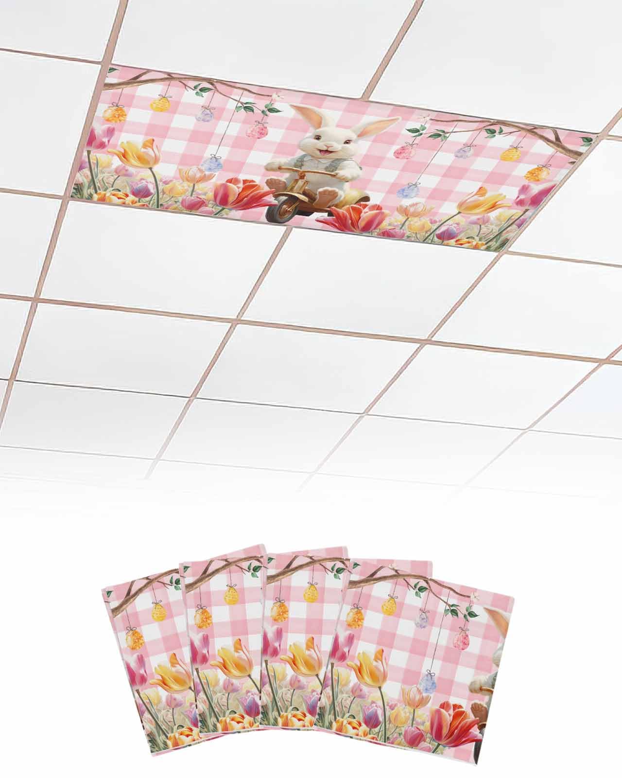 Easter 4 Pcs Fluorescent Light Covers for Ceiling Lights, Cute Rabbit Colorful Eggs on Branches Buffalo Plaid Magnetic Light Filters for Eliminate Harsh Glare Classroom Office Decoration, 4 x 2 Ft