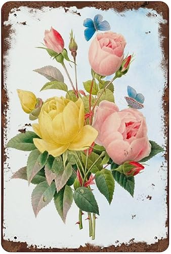 Graman Ramo de rosas vintage, letrero divertido decorativo para decoración de pared, rosa y amarillo, letrero floral de acuarela, rosas, mariposas,