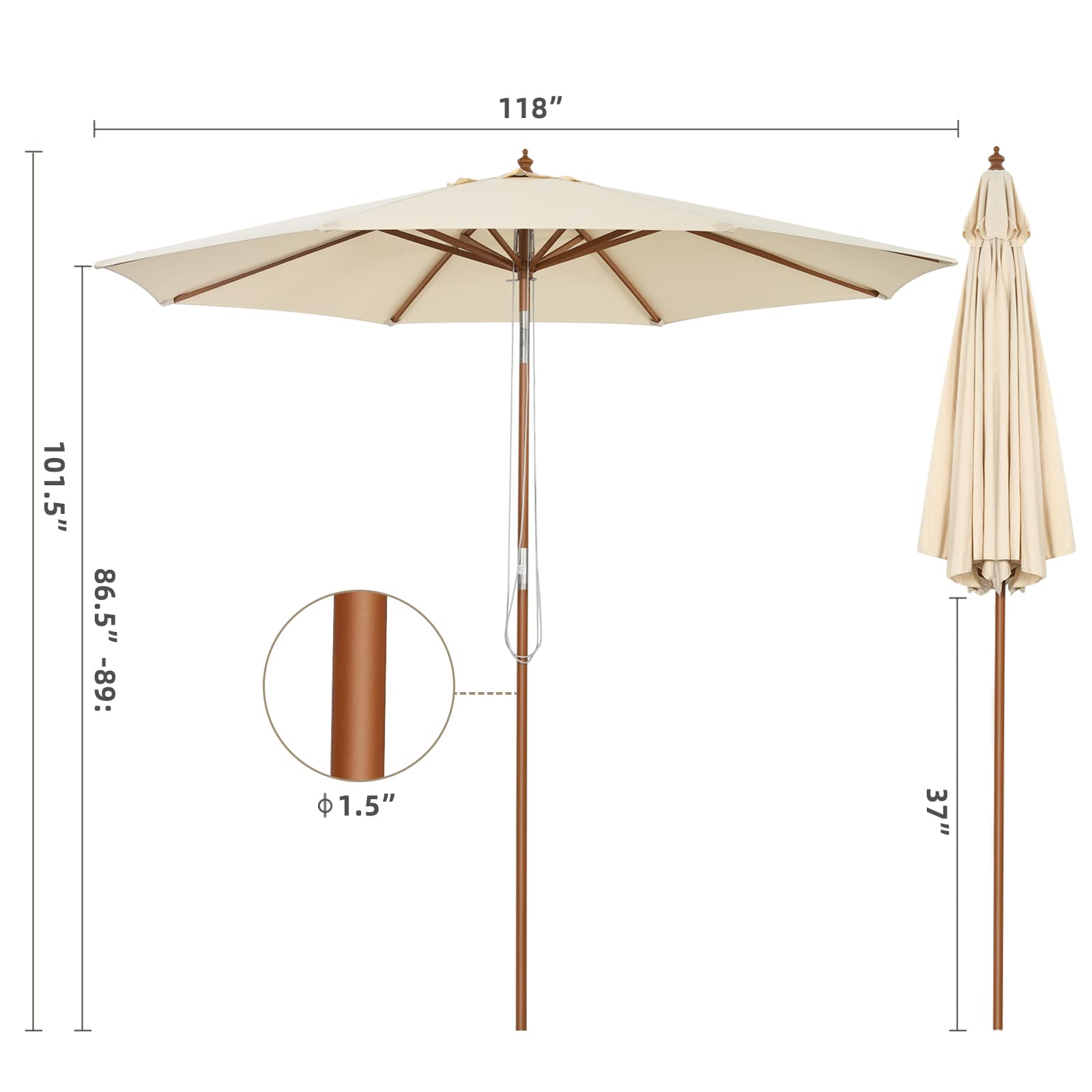 GOPLUS Parasol de Jardin Exterieur 3M, Parasol Inclinable à Corde en Bois avec 8 Baleines en Bambou, Levage par Poulie, Protection Solaire, pour Piscine, Cour, Base Non Incluse