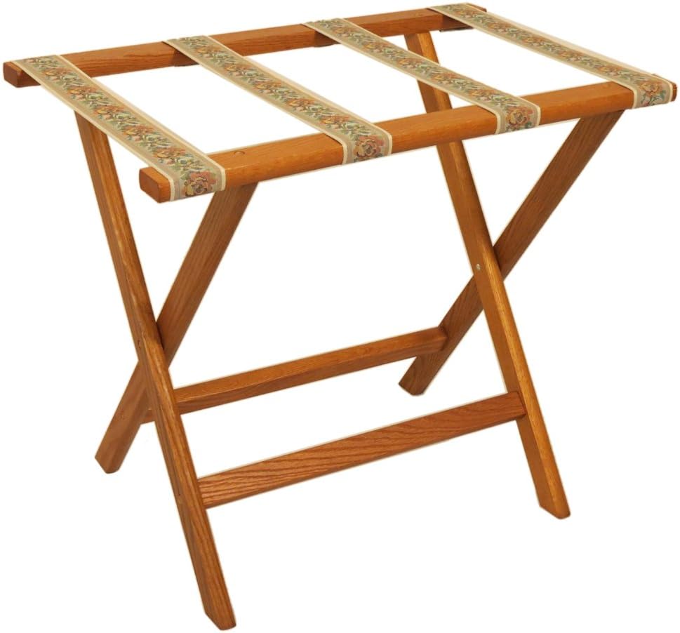 Wooden Mallet Deluxe Straight Leg Luggage Rack, Medium Oak, Brown Straps