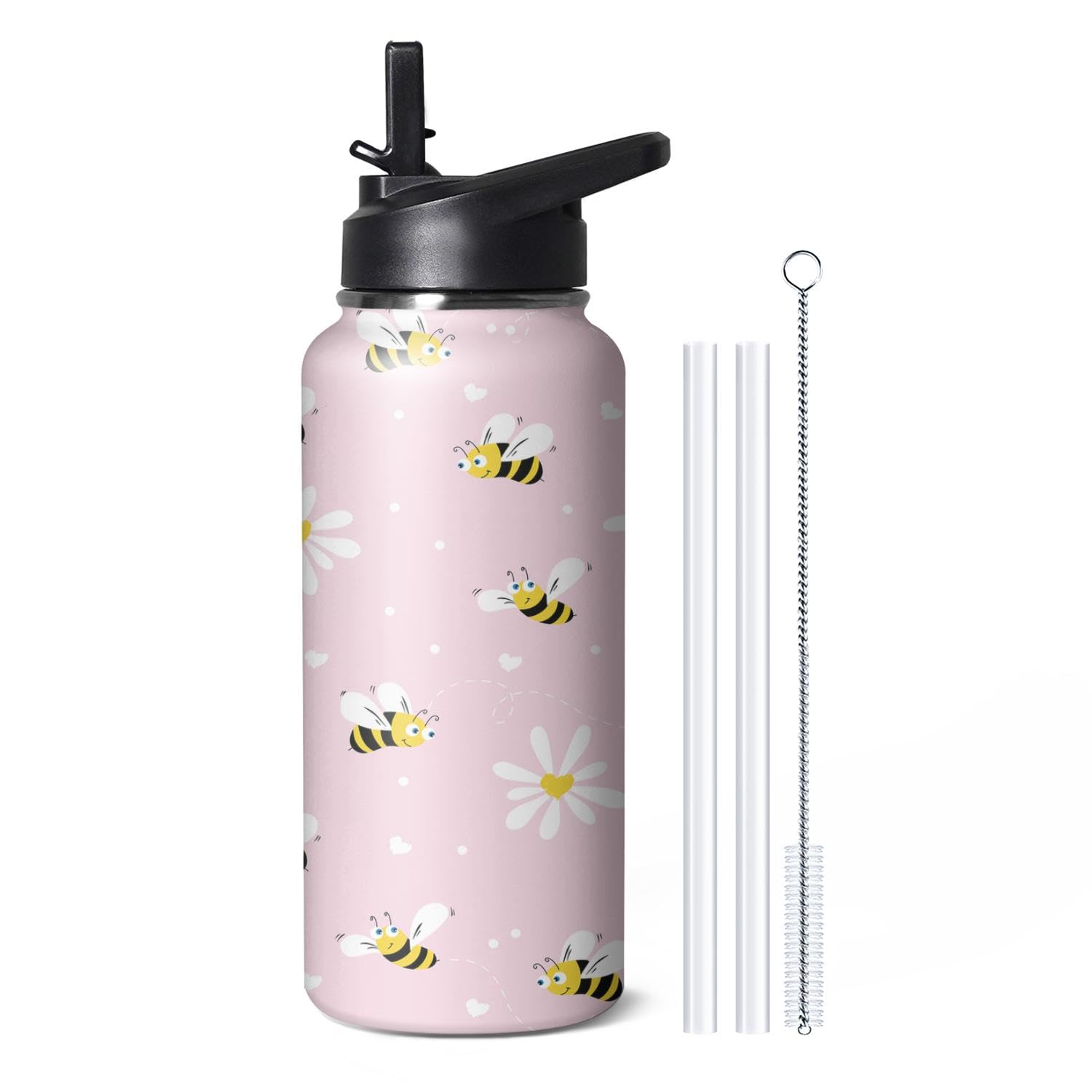 32oz Cute Bee Water Bottle with Handle and Flip Straw, Sports Stainless Steel Insulated Cup, Travel Coffee Mug Tumbler, Birthday Mothers Day Chritmas Gifts for Women Animal Lovers