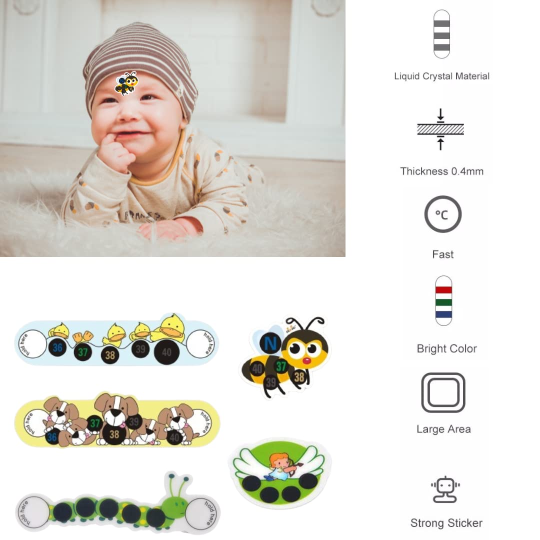 Fever Tracker Baby Fever Forehead Rapid Thermometer Cartoon, Fever Thermometer Children Safety Baby Care Thermometer,5 stickers Baby Cute Cartoon (Animal A)