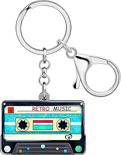NEWEI Llavero de cinta de casete de acrílico de los años 90 para mujer, decoración de fiesta temática de los años 80, Cinta de casete E